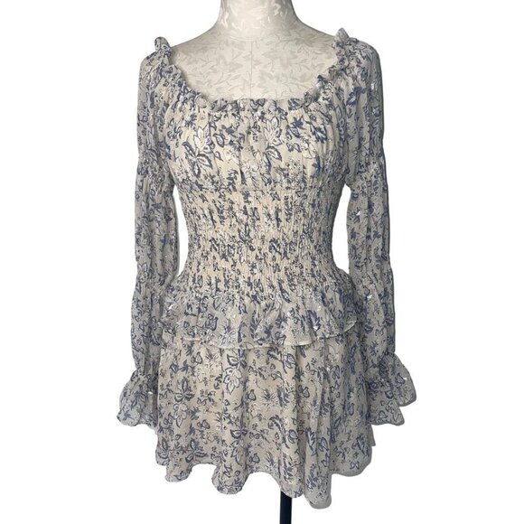 Sabo Luxe Dresses & Skirts - Sabo Luxe Womens Dress Size L Cream Floral Chiffon Shirred Long Sleeve Mini New